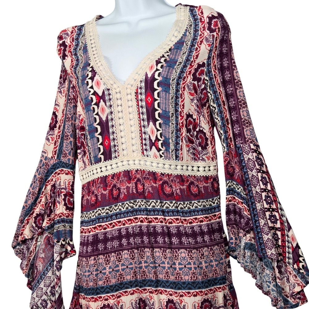 Flying Tomato Womens Medium Boho Mini Dress Swim Cover Bell Sleeve Lightweight